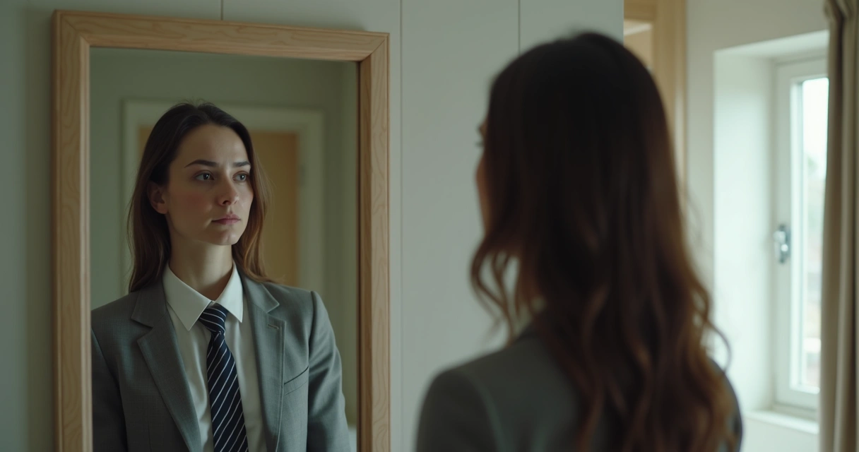 Pessoa olhando reflexo distorcido em espelho 