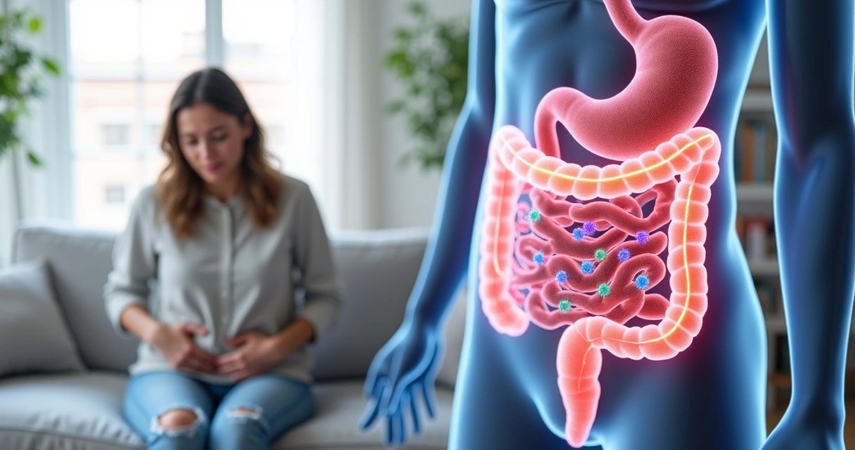 Ilustração realista do intestino humano com microbiota em destaque e mulher com desconforto abdominal 
