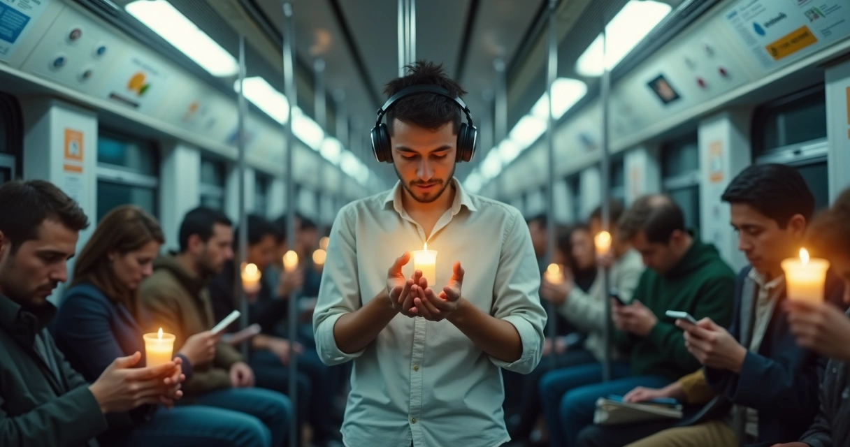 Pessoa em metrô lotado usando fones enquanto pequenas cenas de calma aparecem ao redor 