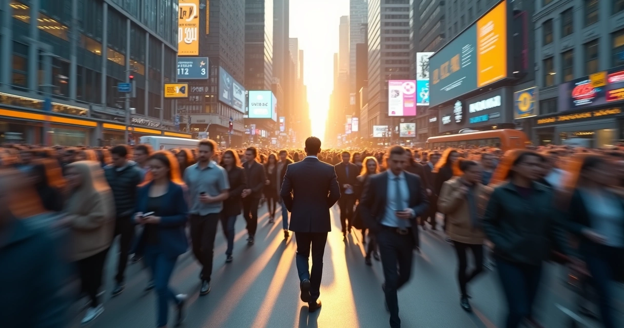 Multidão caminhando apressada com uma pessoa calma no centro em meio à cidade 