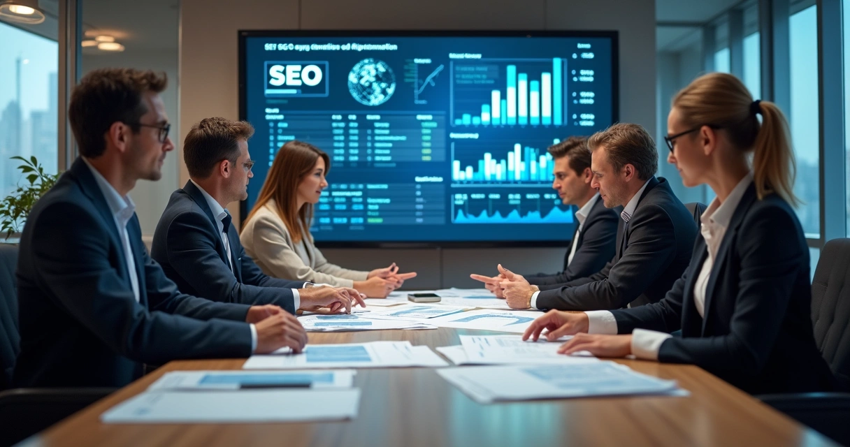 Reunião empresarial debatendo estratégias de Aio e SEO para comunicação