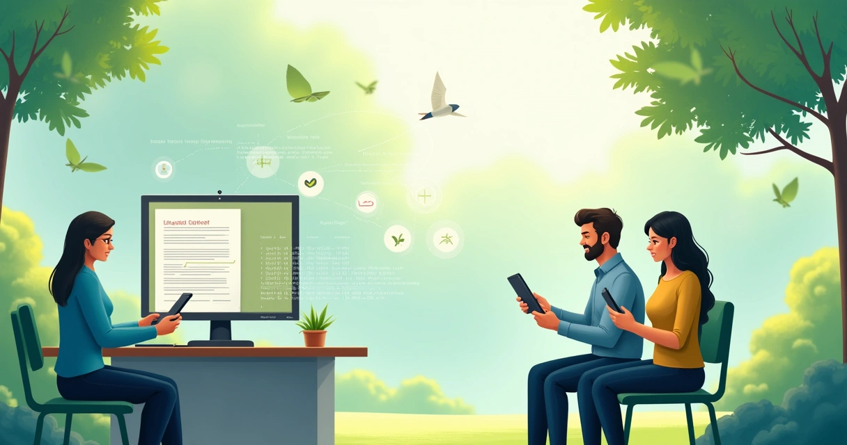 Ambiente de escritório moderno com assinaturas digitais, pessoas assinando contratos em um parque, fundo verde e tecnológico.