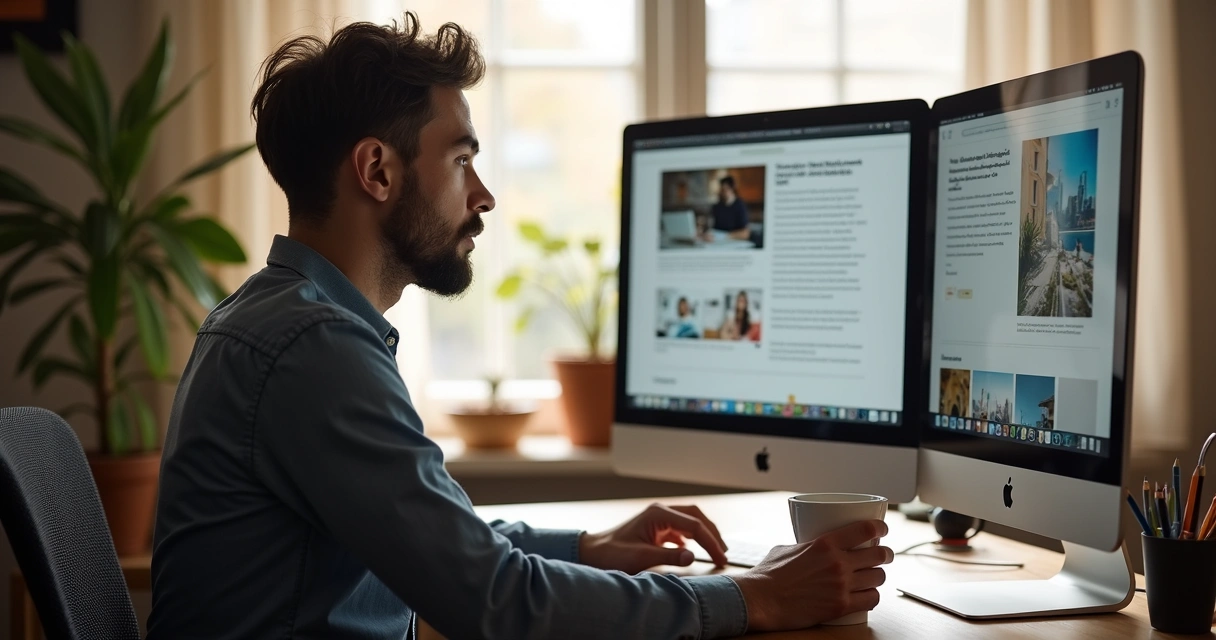 Profissional conectando copywriting e marketing de conteúdo na tela 