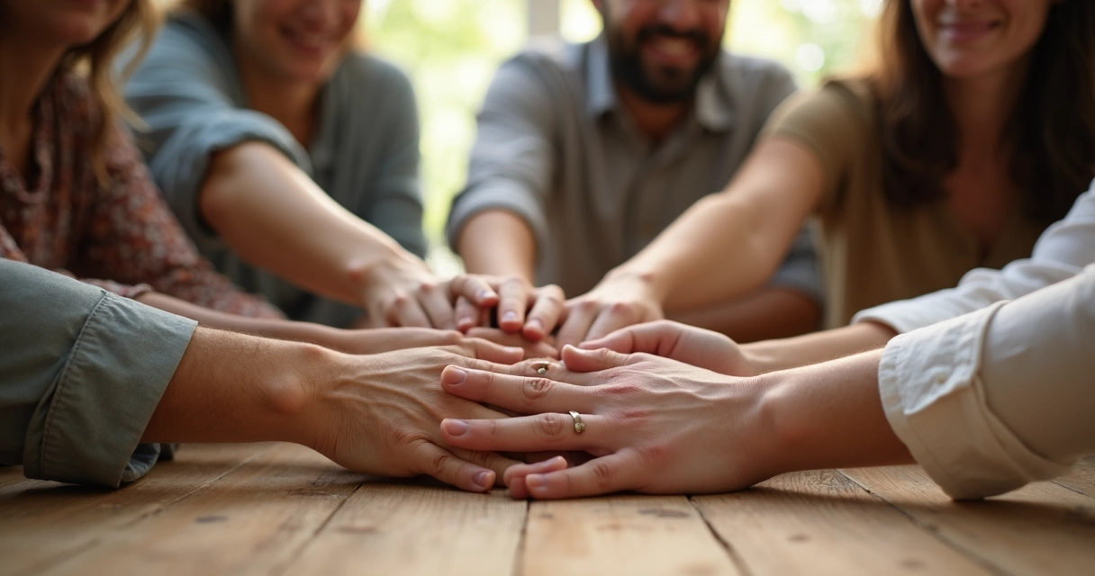 Manos de varias personas unidas en el centro formando red de apoyo