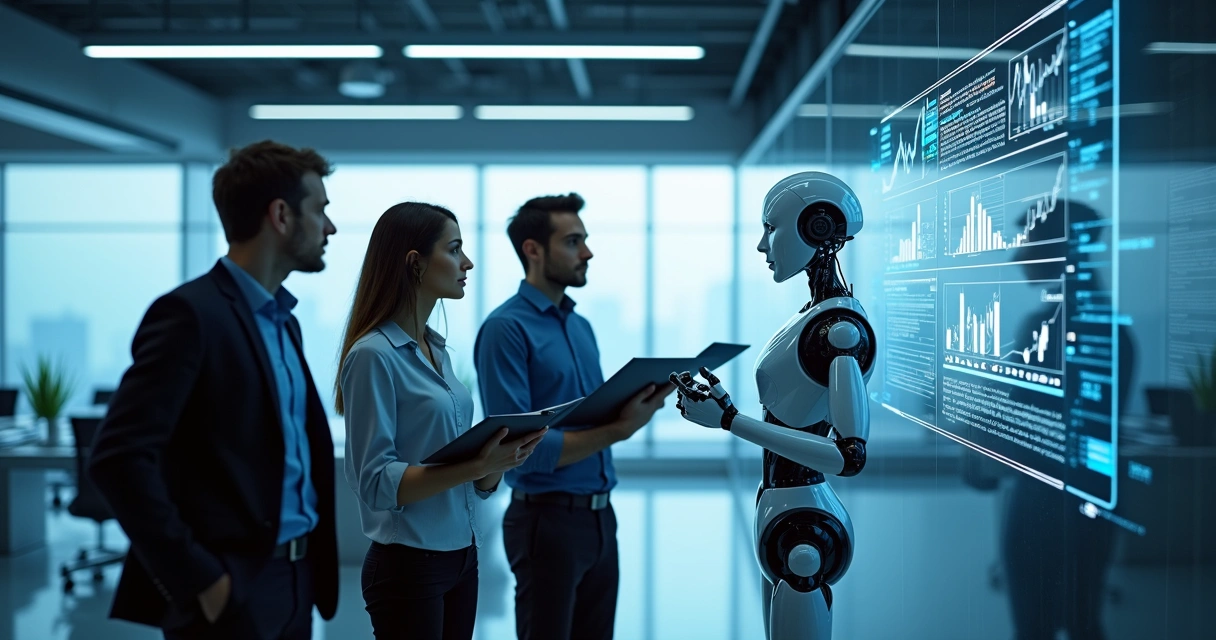 Profissionais e robô colaborando na análise de dados fiscais em escritório de tecnologia 