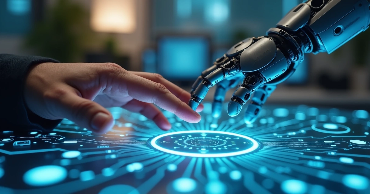 Mão humana e circuito eletrônico se tocando mostrando sinergia 