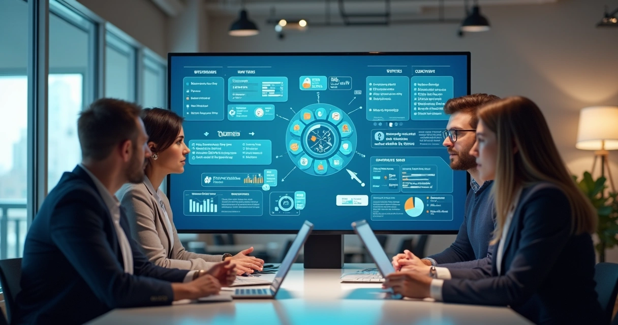 Profissionais de vendas, marketing e atendimento interagindo 