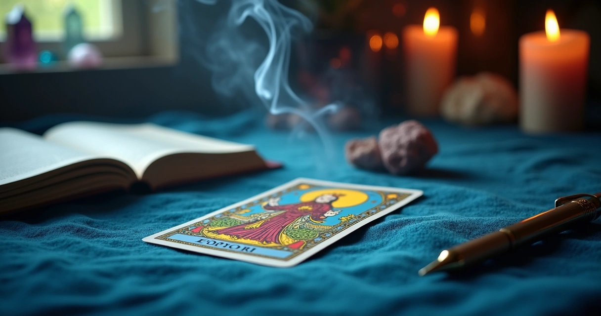 Single tarot card on a blue velvet table 