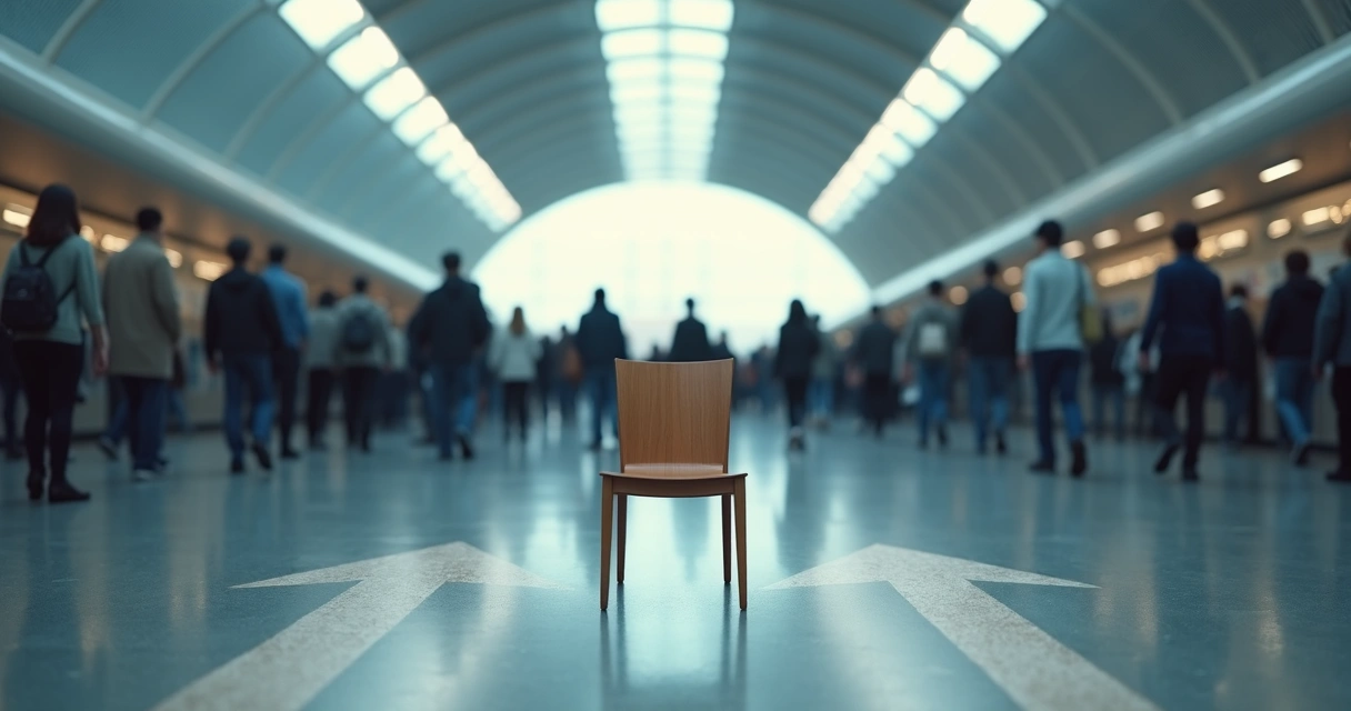 Single chair facing opposite direction from crowd marching with painted arrows 