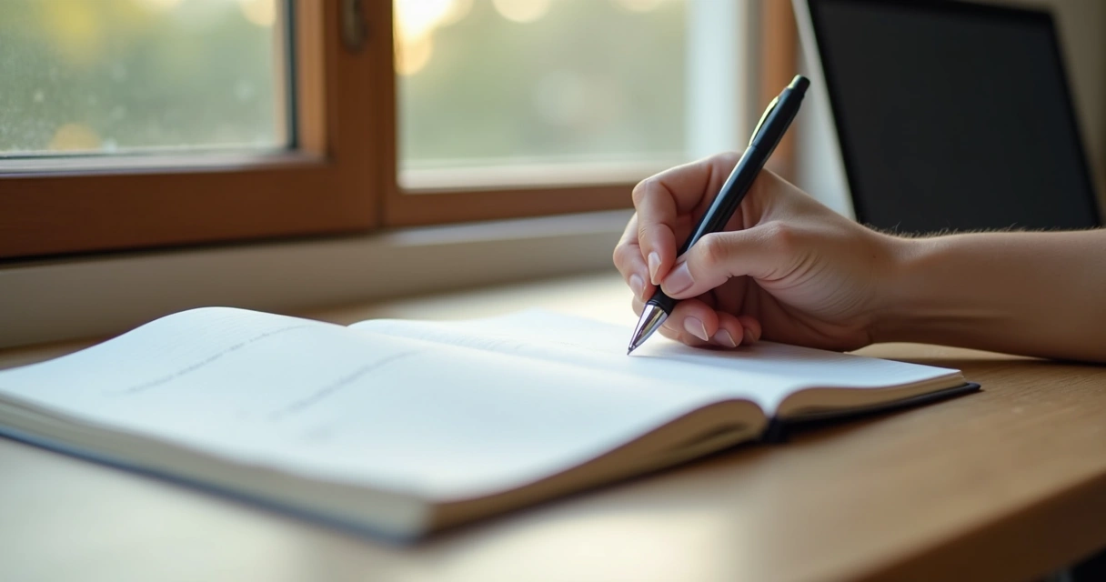 Clean desk with one notebook and hands writing