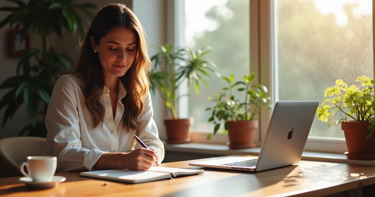 Woman focusing on writing in a notebook at a wooden desk with a cup of coffee next to her. 