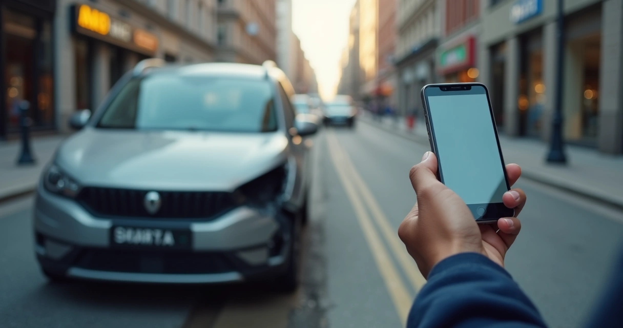 Pessoa registrando sinistro de acidente de carro através de aplicativo de seguro no smartphone, com veículo danificado ao fundo em rua urbana 