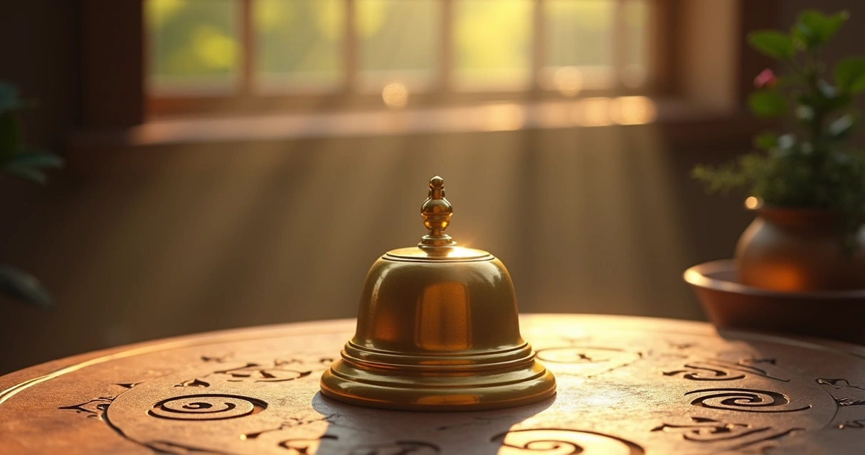 Sino dourado com detalhes místicos e luz suave no fundo