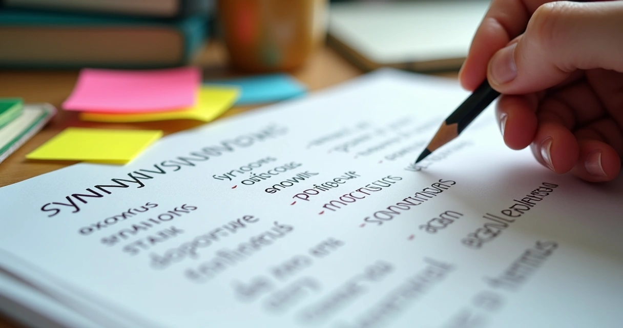 Página de redação com anotações mostrando o uso de sinônimos 