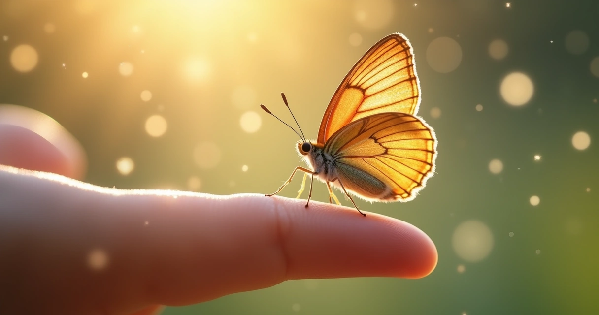 Borboleta pousando sobre um dedo com fundo de cores suaves e luz 