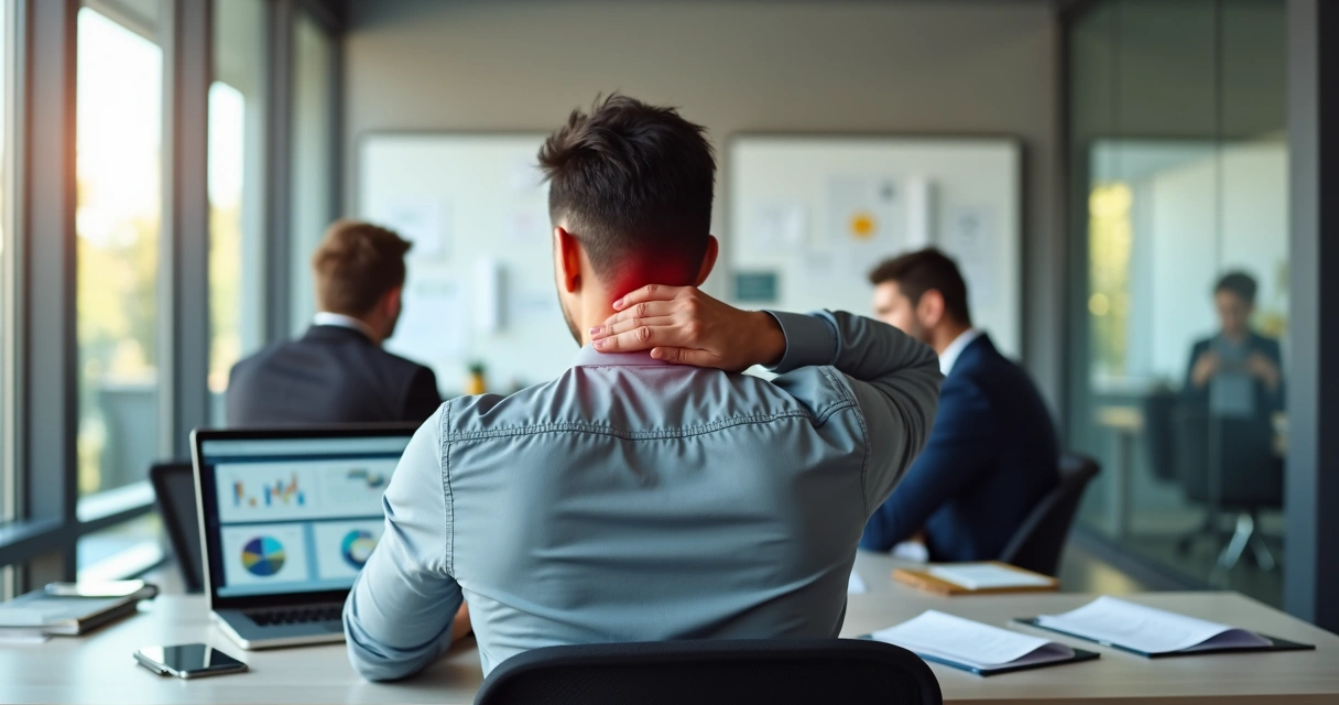 Persona en oficina tocándose el cuello dolorido frente a un equipo de trabajo desenfocado 