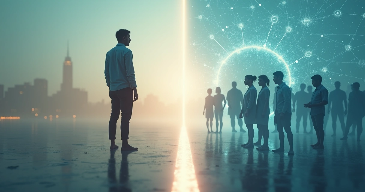 Pessoa em pé sobre linha divisória entre cidade e rede de conexões humanas 