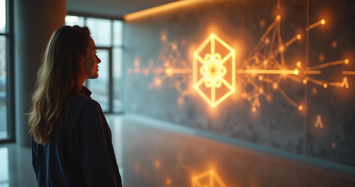 Persona observando un patrón luminoso repetido en un mural conectado a siluetas de otras personas 