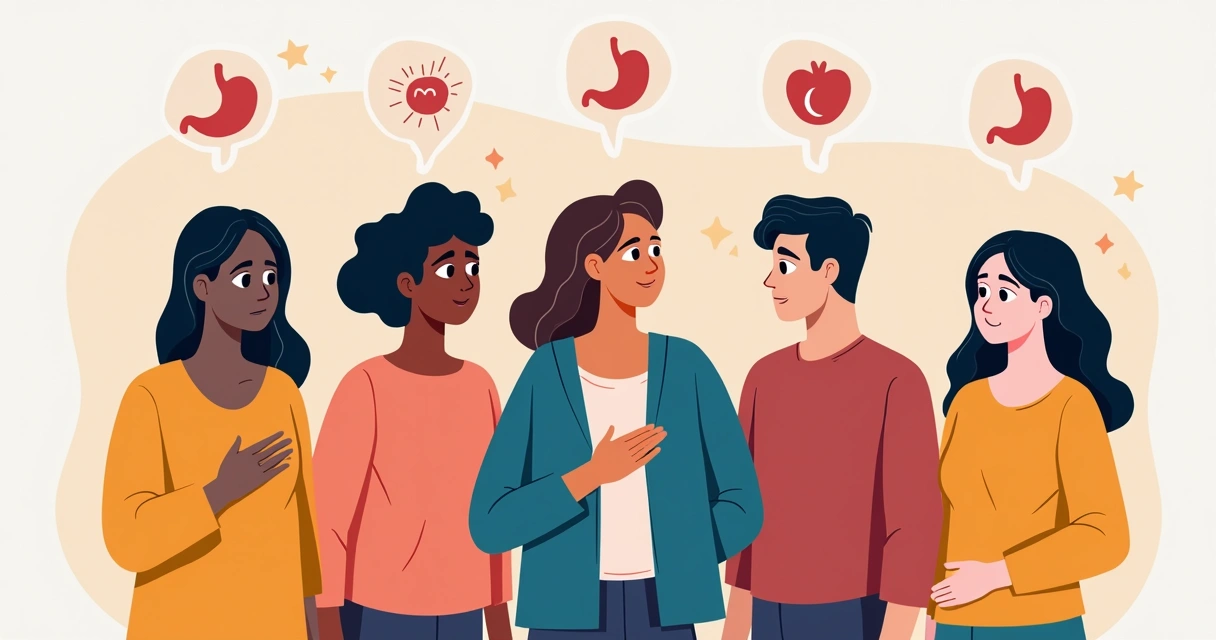 Ilustração de diferentes pessoas demonstrando sintomas físicos e emocionais de ansiedade atípica. 