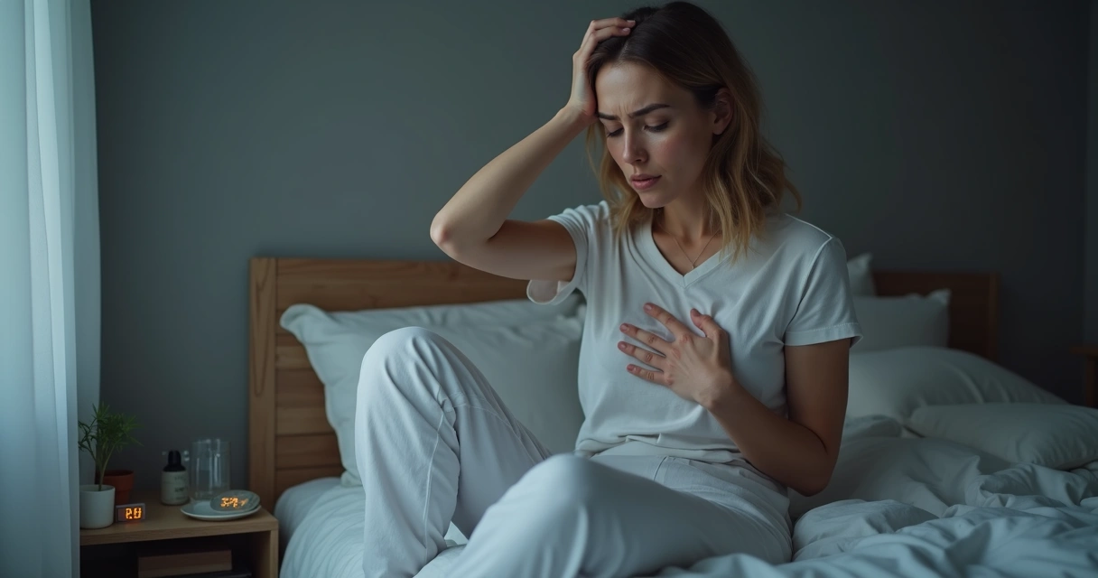 Pessoa sentada com as mãos no peito e expressão de tensão, refletindo sinais físicos de ansiedade 