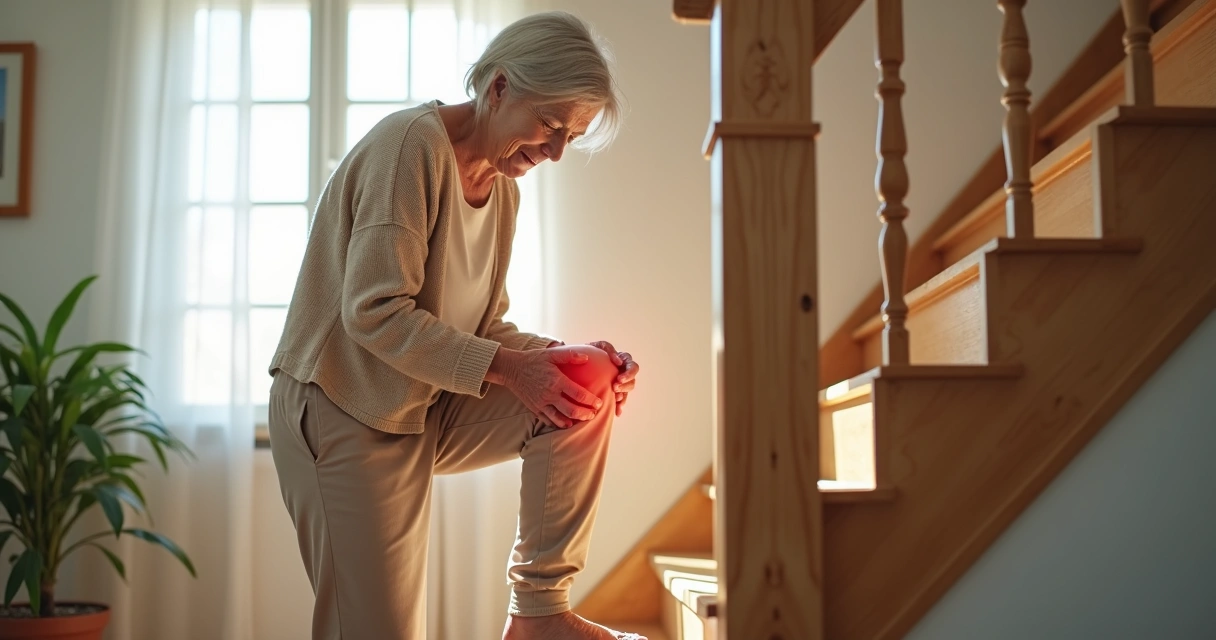 Mulher idosa segurando o joelho dolorido enquanto desce um degrau em casa 