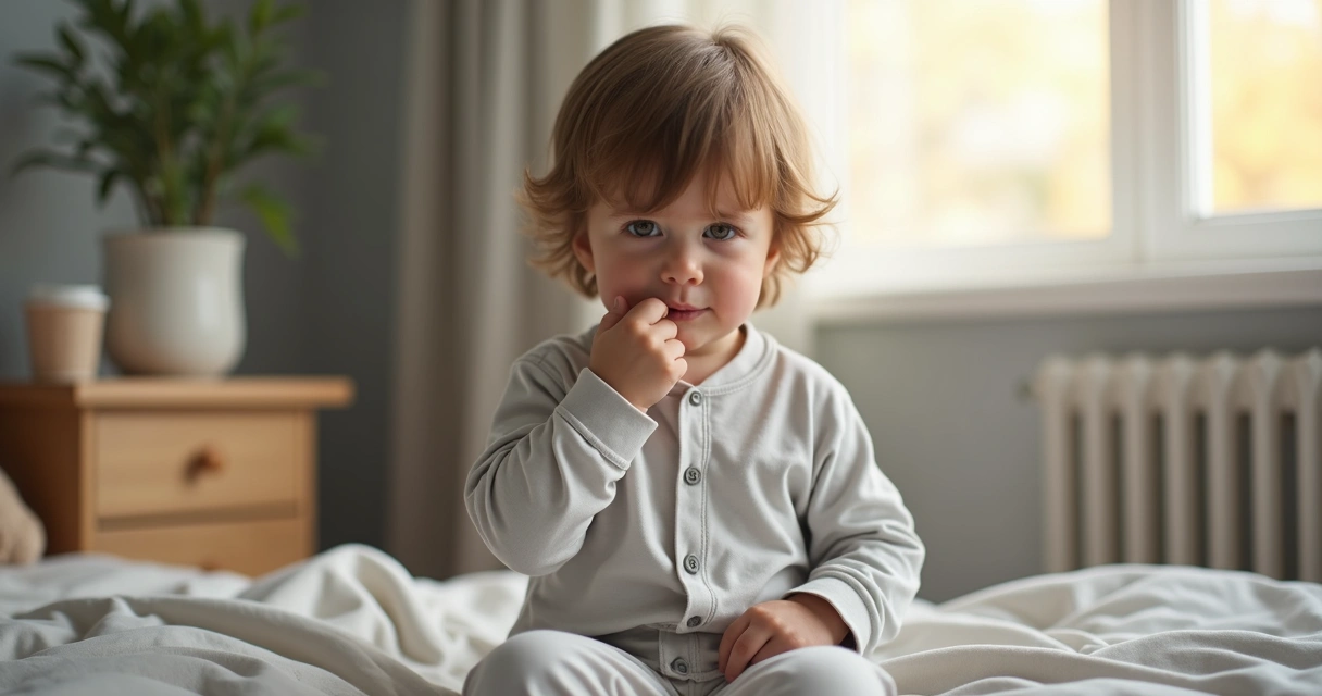 Criança com expressão de desconforto ao acordar na cama 