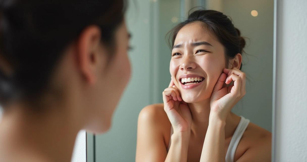 Paciente jovem com dentes desgastados e olhando para o espelho