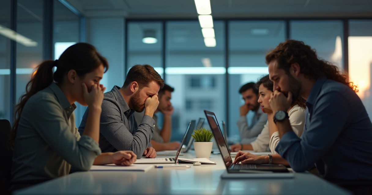 Grupo em escritório com expressões de cansaço e estresse 