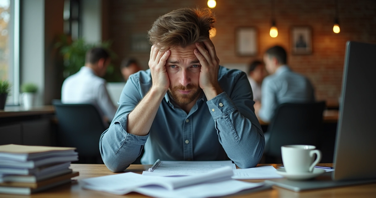 Trabalhador sentado em mesa de escritório com postura cansada e olhar distante.