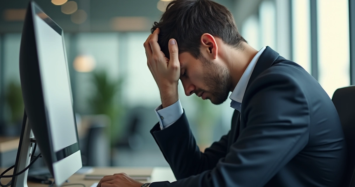 Funcionário de terno, sentado com as mãos na cabeça em frente ao computador 