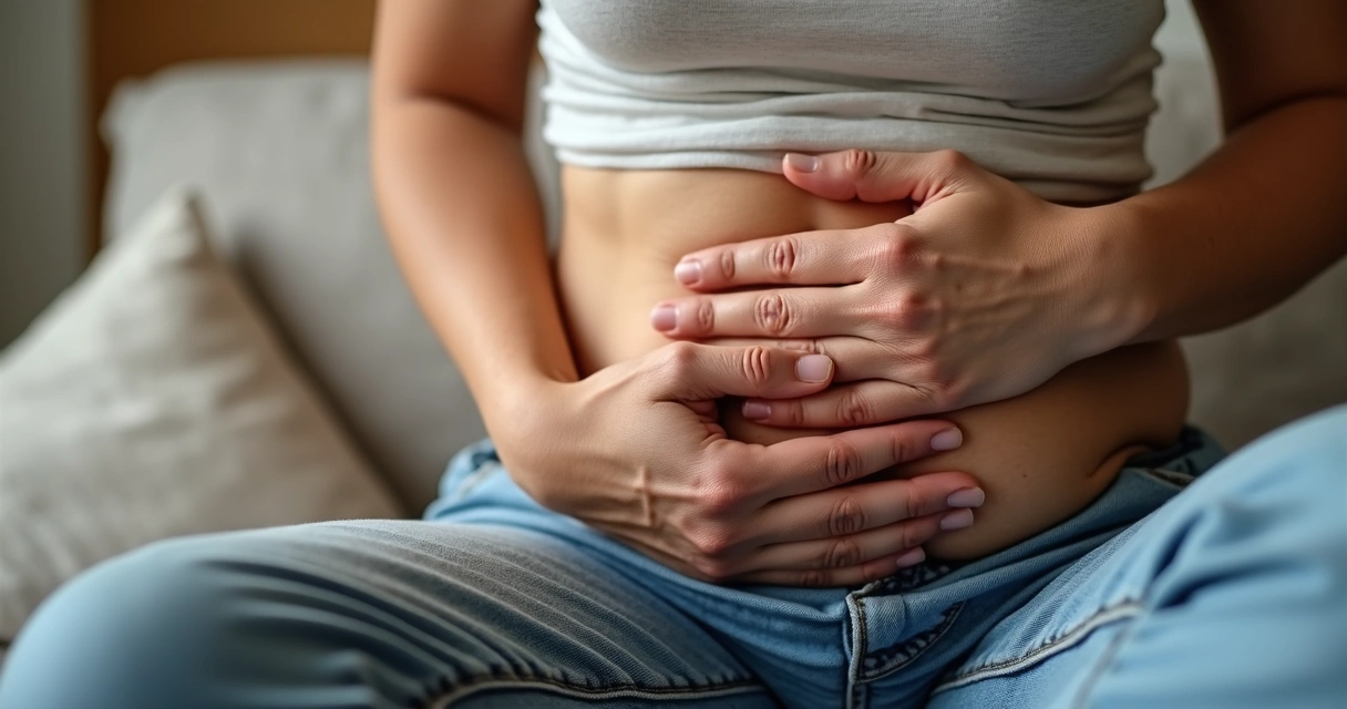 Pessoa com a mão no estômago demonstrando dor e desconforto 