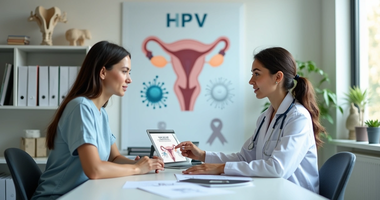 Médica explicando sintomas comuns do HPV para jovem casal em consulta 