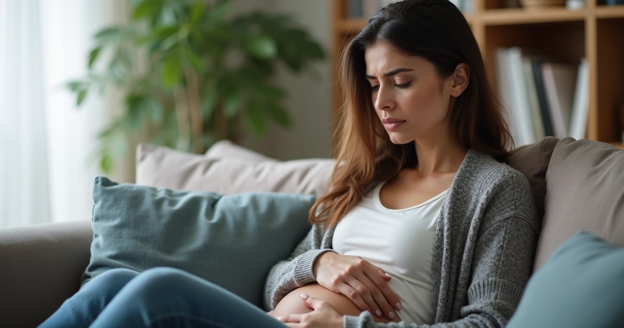 Mulher segurando a barriga com expressão cansada sentada em um sofá 