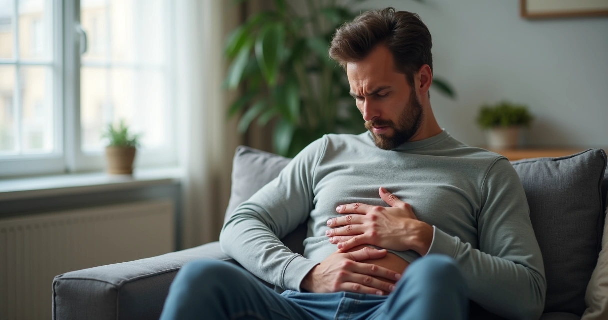 Persona con la mano en el estómago mostrando malestar físico 