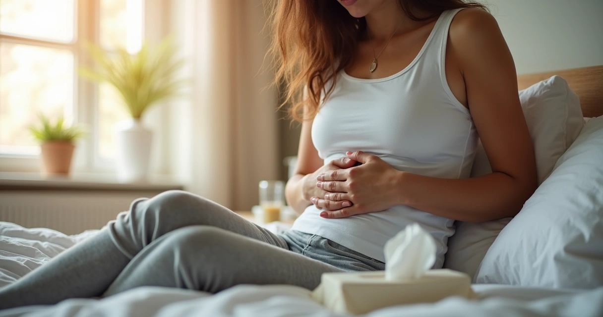 Mulher sentada na cama segurando o estômago com expressão de desconforto 