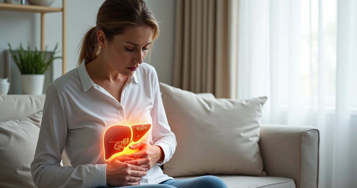 Mulher tocando a região do fígado com ilustração do órgão em destaque 