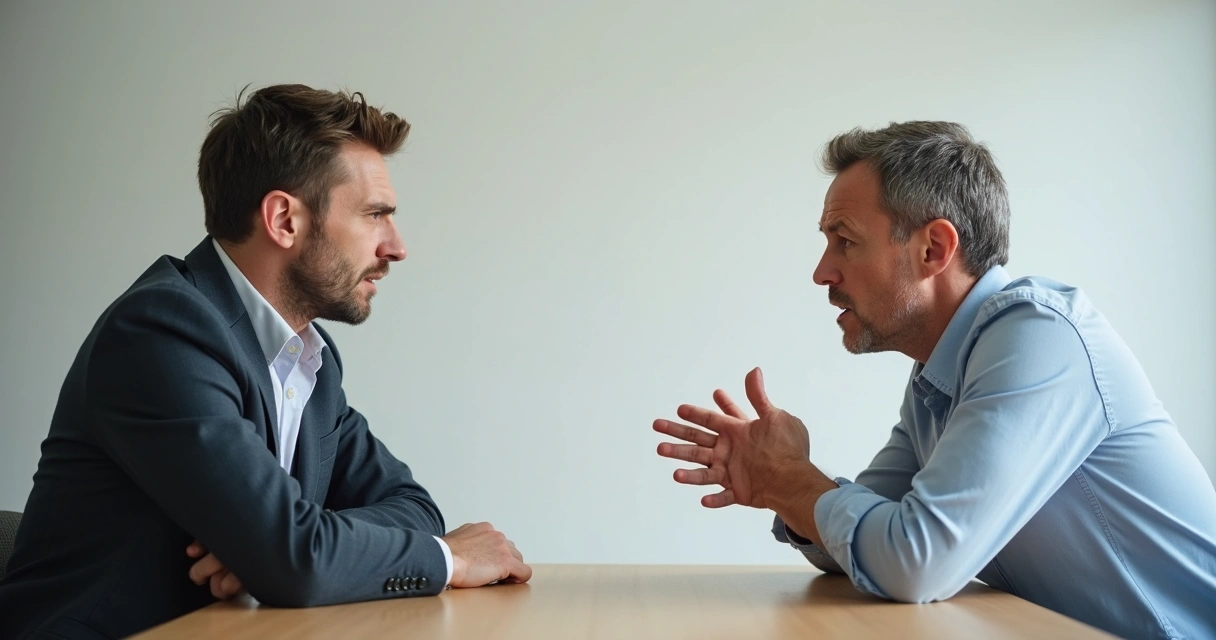 Dos personas sentadas, una en actitud defensiva y otra visiblemente molesta en una conversación tensa 