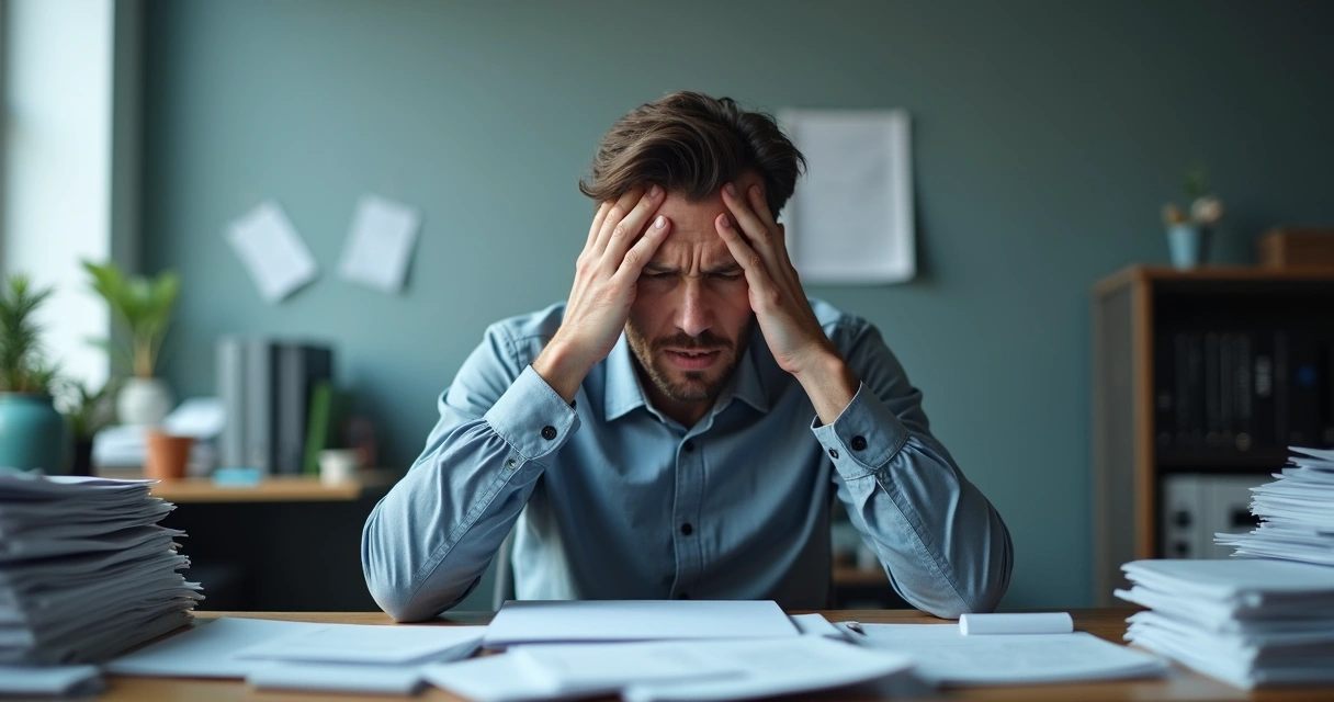 Pessoa com as mãos nas têmporas sentada em cadeira de escritório, expressando dor, em ambiente com iluminação fria e papéis espalhados 
