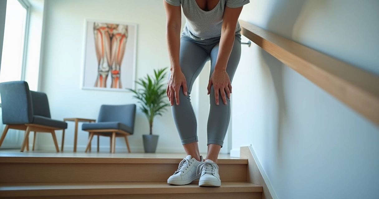 Mulher madura segurando o joelho com desconforto leve ao subir escada 