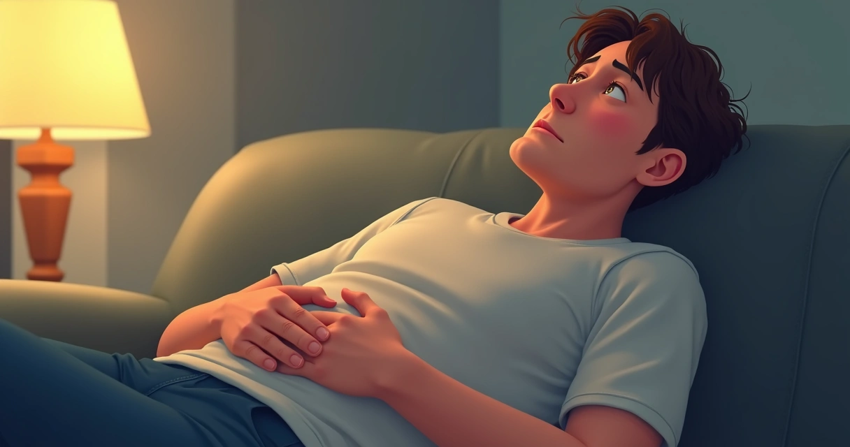 Desenho mostrando uma pessoa sentada, com expressão cansada e tocando o abdômen, representando sintomas de fadiga e dor. 