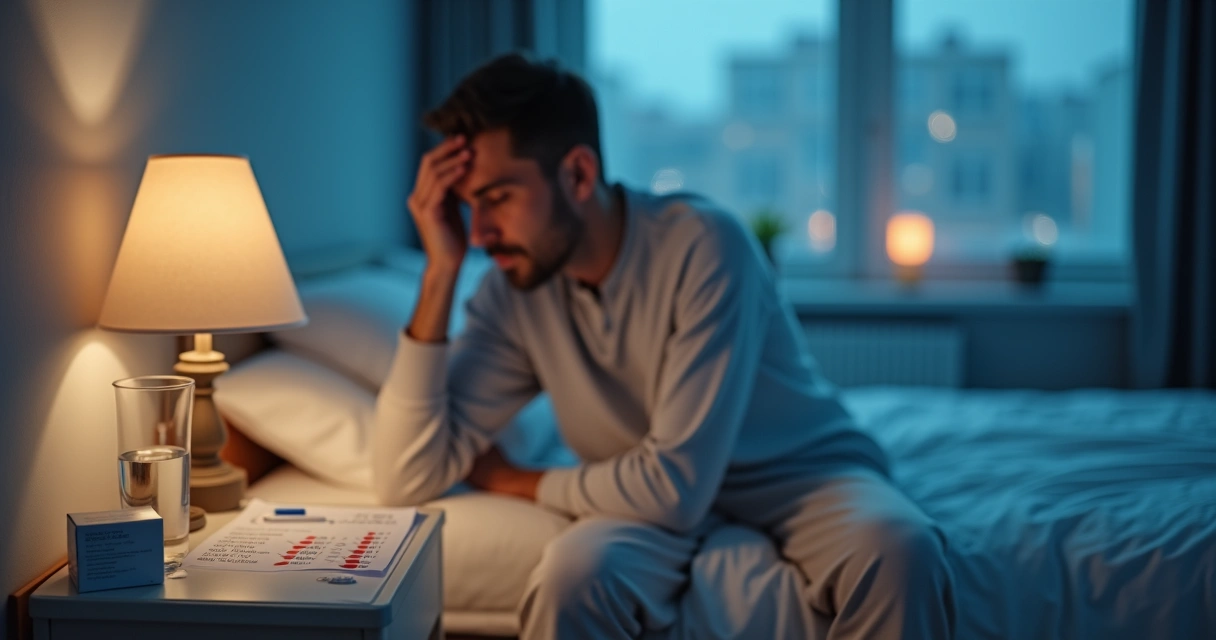 Pessoa sentada à beira da cama segurando termômetro e olhando exame de sangue sobre a cabeceira 