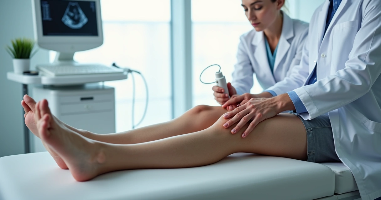 Pessoa avaliando pernas com veias aparentes e inchaço sentada em consultório médico 