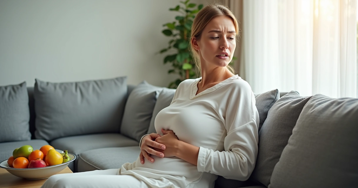 Mulher sentada no sofá com mão sobre o estômago, rosto expressando desconforto, ao seu lado há uma tigela com frutas 