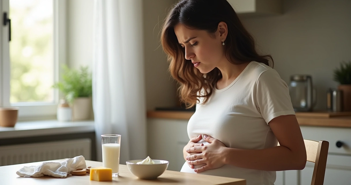 Pessoa tocando o abdômen, sentada à mesa com um copo de leite, expressão de desconforto