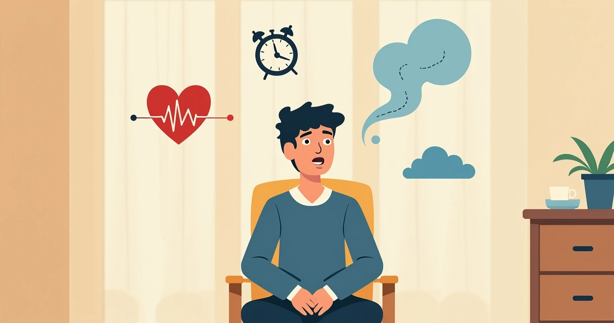 Pessoa jovem sentada com expressão de confusão, ao fundo ilustrações de relógio, coração e fumaça.