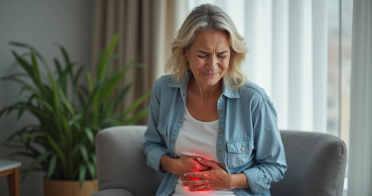 Mulher segurando o lado direito do abdome com expressão de dor 