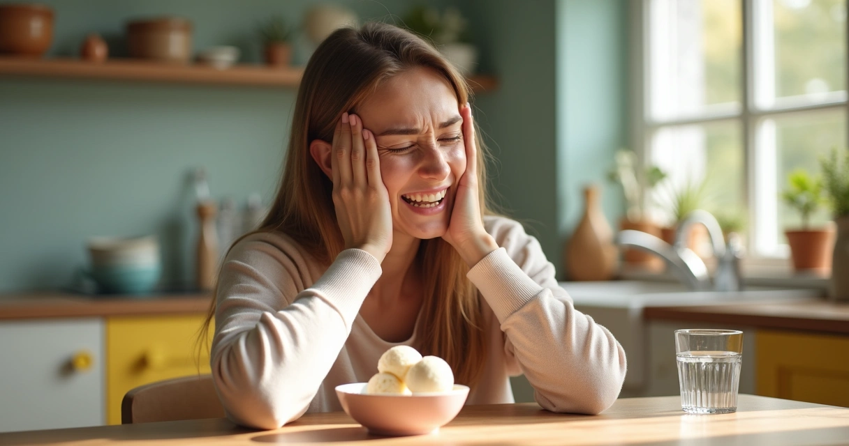 Mulher leva a mão à bochecha ao sentir dor ao tomar sorvete 