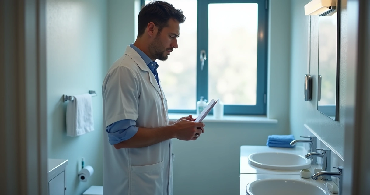 Homem observando sintomas urinários no banheiro