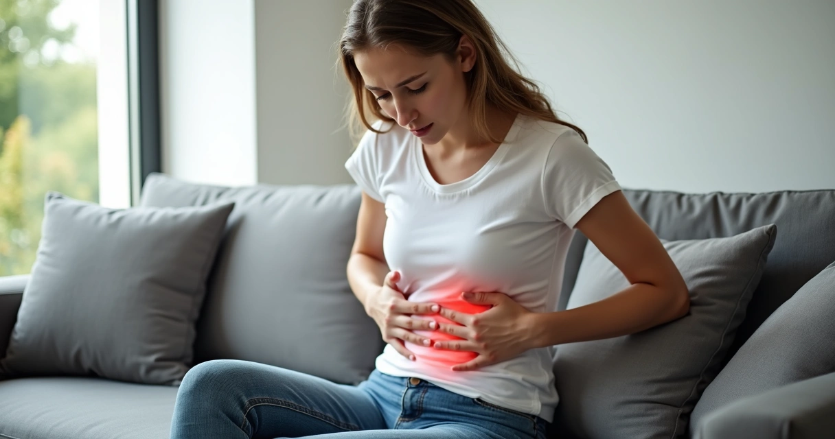 Mulher sentada segurando o baixo ventre demonstrando dor pélvica