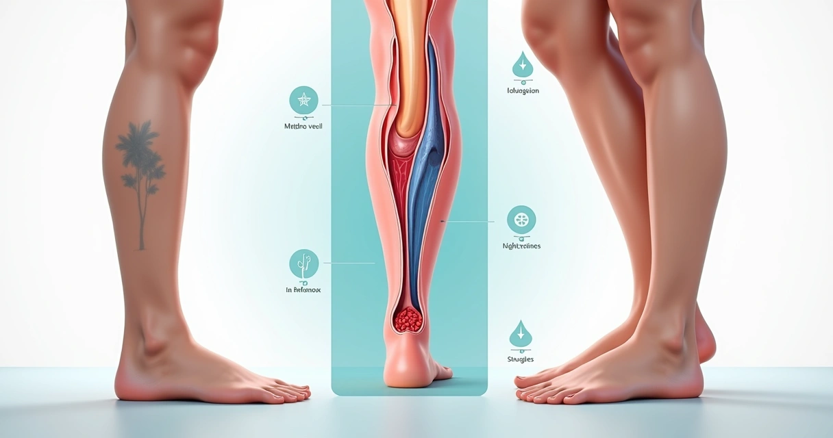 Ilustração médica comparando circulação saudável e varizes nas pernas 